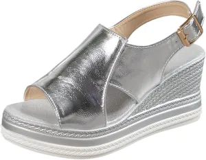 Womens Espadrille Wedge Sandals Open Toe Platform Fish Mouth Silver Ankle Strap Slingback Summer Dress Shoes Rhinestone Wide