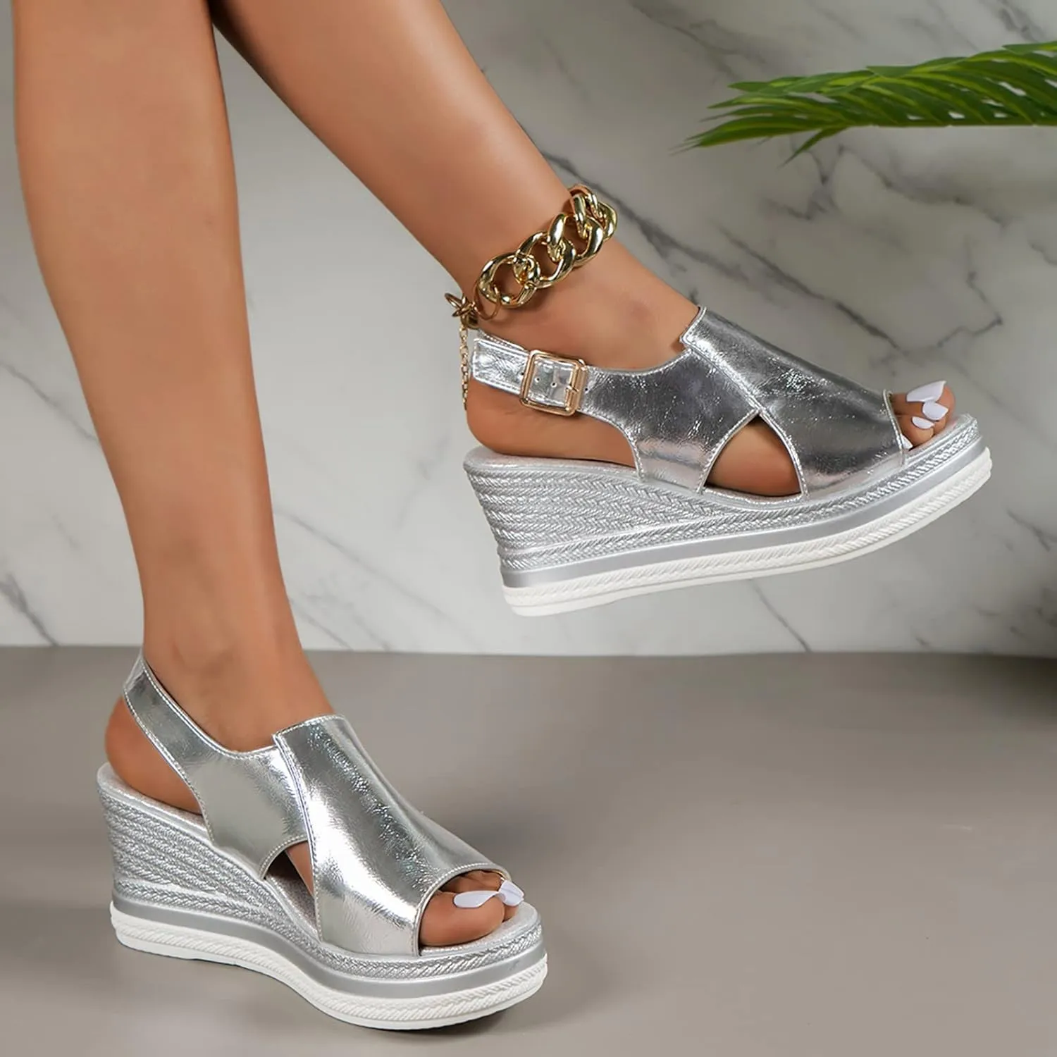 Womens Espadrille Wedge Sandals Open Toe Platform Fish Mouth Silver Ankle Strap Slingback Summer Dress Shoes Rhinestone Wide