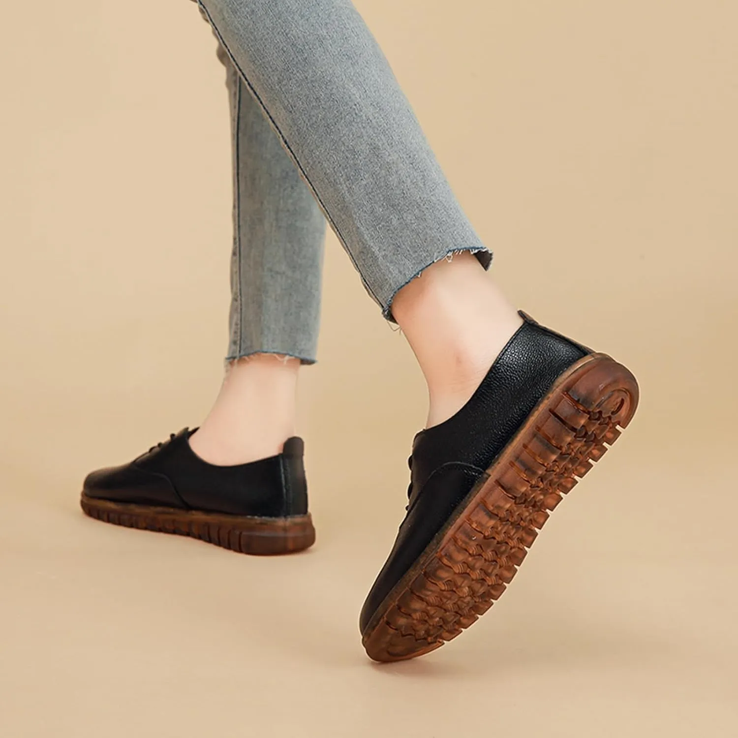 Women's Genuine Leather Soft Bottom Flat Loafers,Elastic Drawstring Slip On Breathable Non-Slip Casual Walking Work Shoes Comfort Mom Shoes
