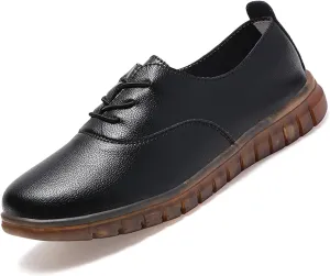 Women's Genuine Leather Soft Bottom Flat Loafers,Elastic Drawstring Slip On Breathable Non-Slip Casual Walking Work Shoes Comfort Mom Shoes