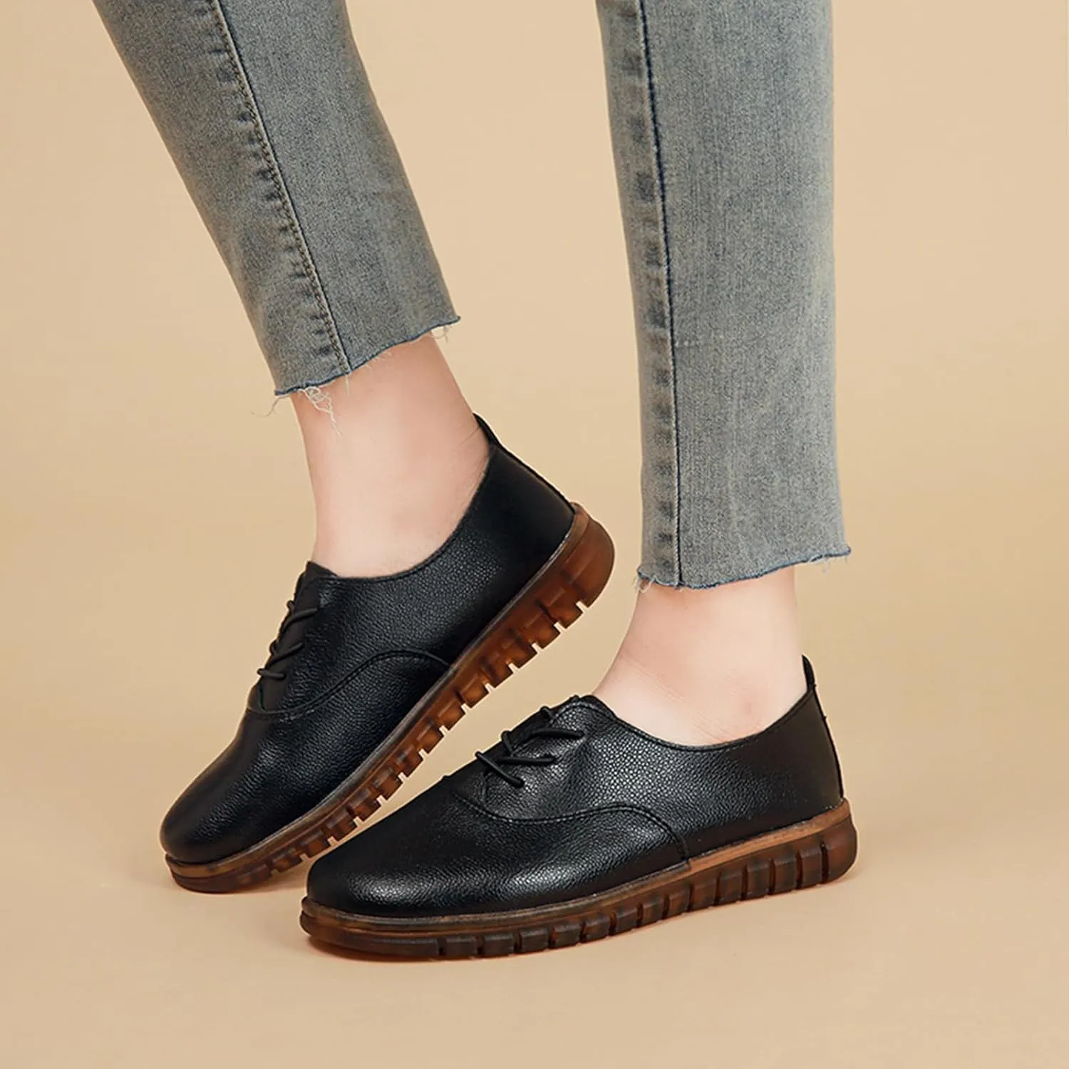 Women's Genuine Leather Soft Bottom Flat Loafers,Elastic Drawstring Slip On Breathable Non-Slip Casual Walking Work Shoes Comfort Mom Shoes