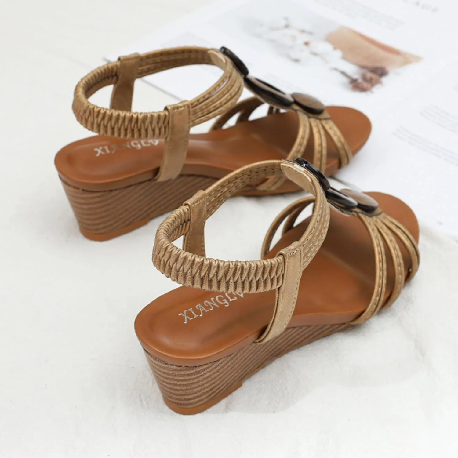 Women's Low Wedge Sandals Open Toe Fashion Dress Shoes, Casual Summer Roman High Heel Beach Sandals Comfy Platform Slip on Elastic Ankle Strap Sandal