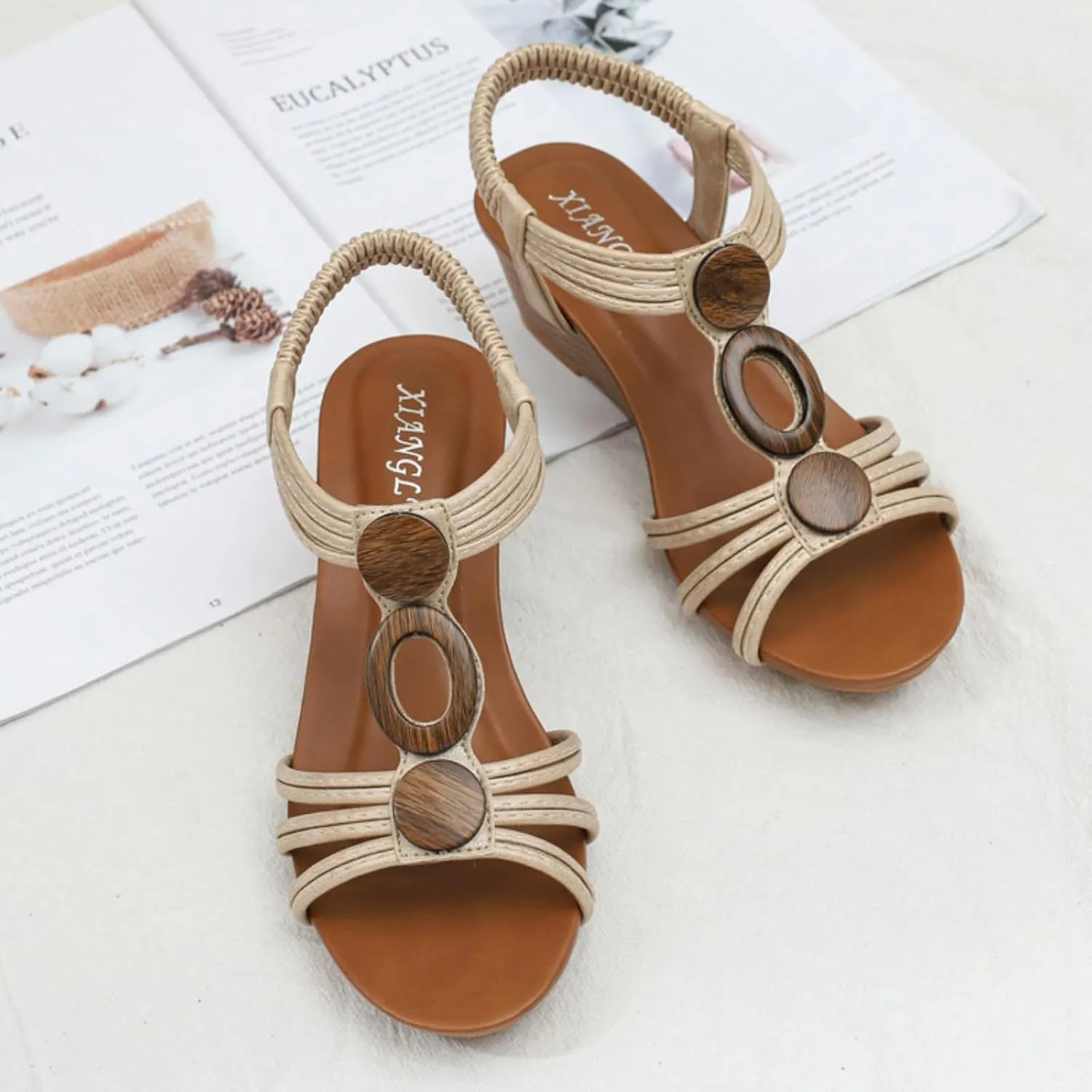 Women's Low Wedge Sandals Open Toe Fashion Dress Shoes, Casual Summer Roman High Heel Beach Sandals Comfy Platform Slip on Elastic Ankle Strap Sandal