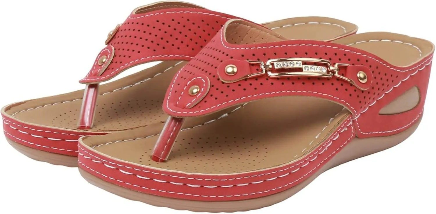 Womens Orthopedic Arch Support Wedge Sandals Casual Walking Low Wedges Slip On Open Toe Non Slip Flip Flops Thick-Soled Wedge Heel Slippers