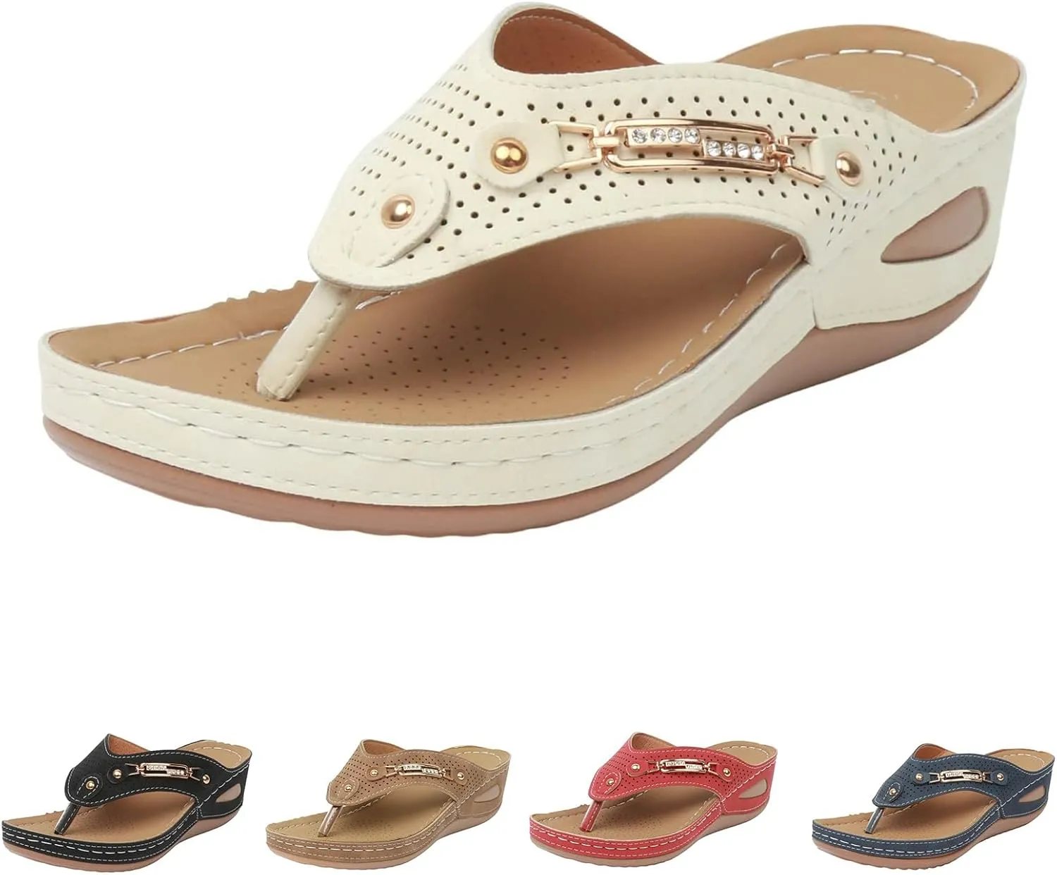 Womens Orthopedic Arch Support Wedge Sandals Casual Walking Low Wedges Slip On Open Toe Non Slip Flip Flops Thick-Soled Wedge Heel Slippers