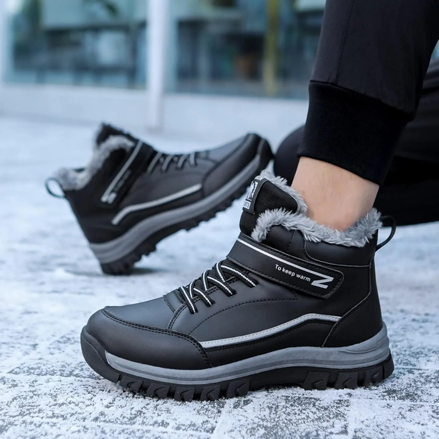 ZDLJYL Men's Warm Snow Boots, Fur Lined Waterproof Winter Shoes, Anti-Slip Lightweight Ankle Boot Casual Outdoor Hiking Boots