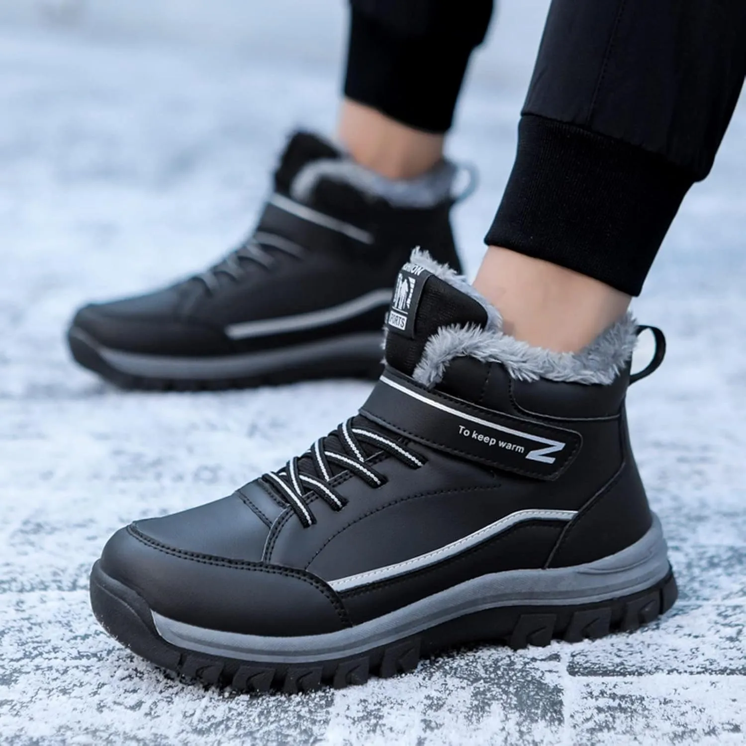 ZDLJYL Men's Warm Snow Boots, Fur Lined Waterproof Winter Shoes, Anti-Slip Lightweight Ankle Boot Casual Outdoor Hiking Boots